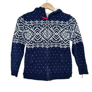 Hanna Andersson Blue Fair Isle Sherpa Lined Full Zip Hoodie Sz 8